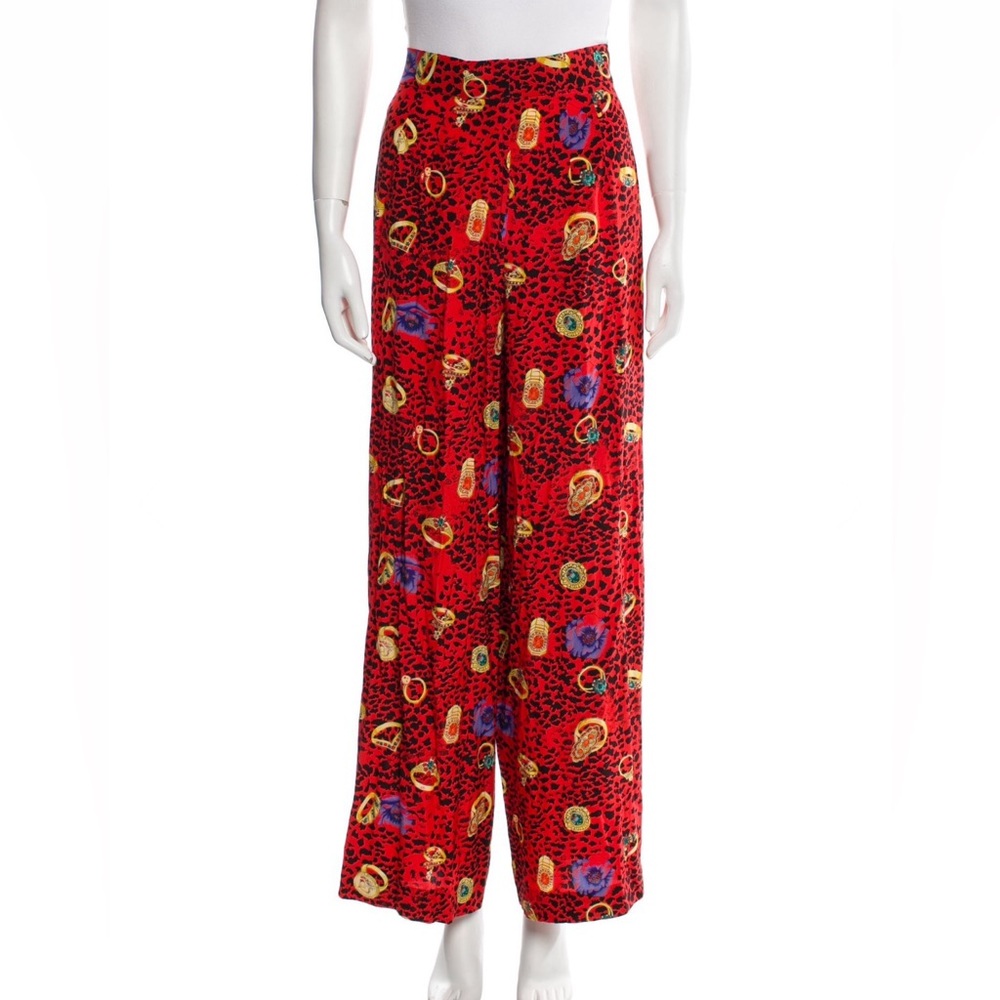 Chic Red Patterned Wide Leg Women's Pants